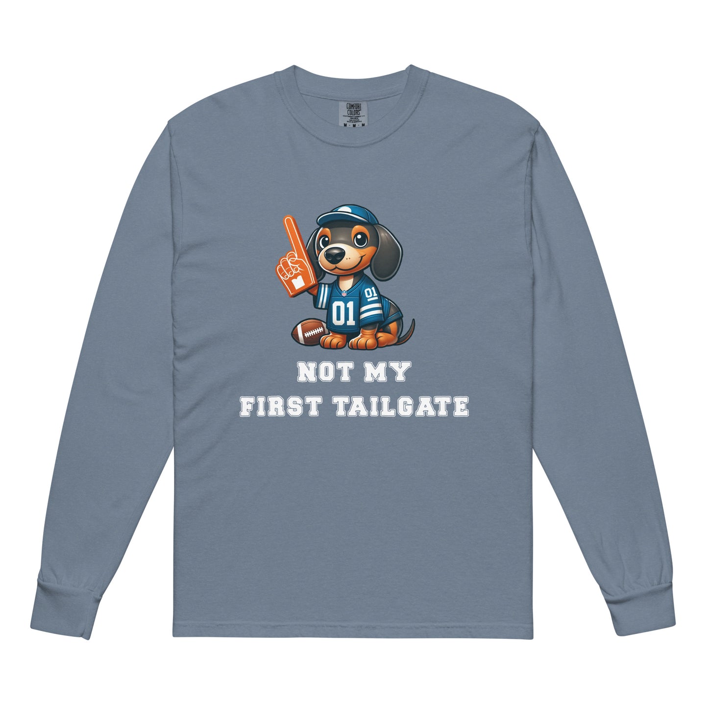 Light blue long-sleeve shirt with a dachshund graphic and "not my first tailgate" 