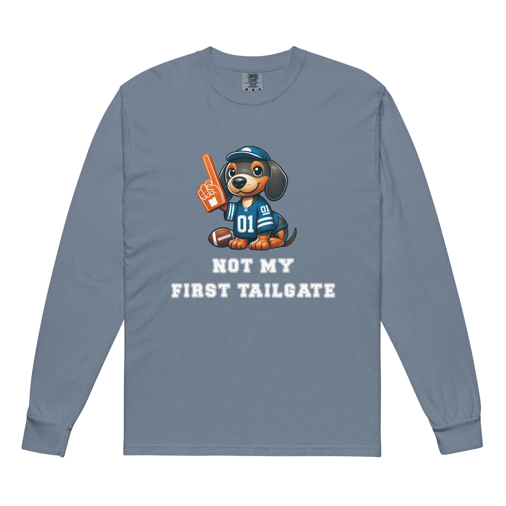 Light blue long-sleeve shirt with a dachshund graphic and "not my first tailgate" 