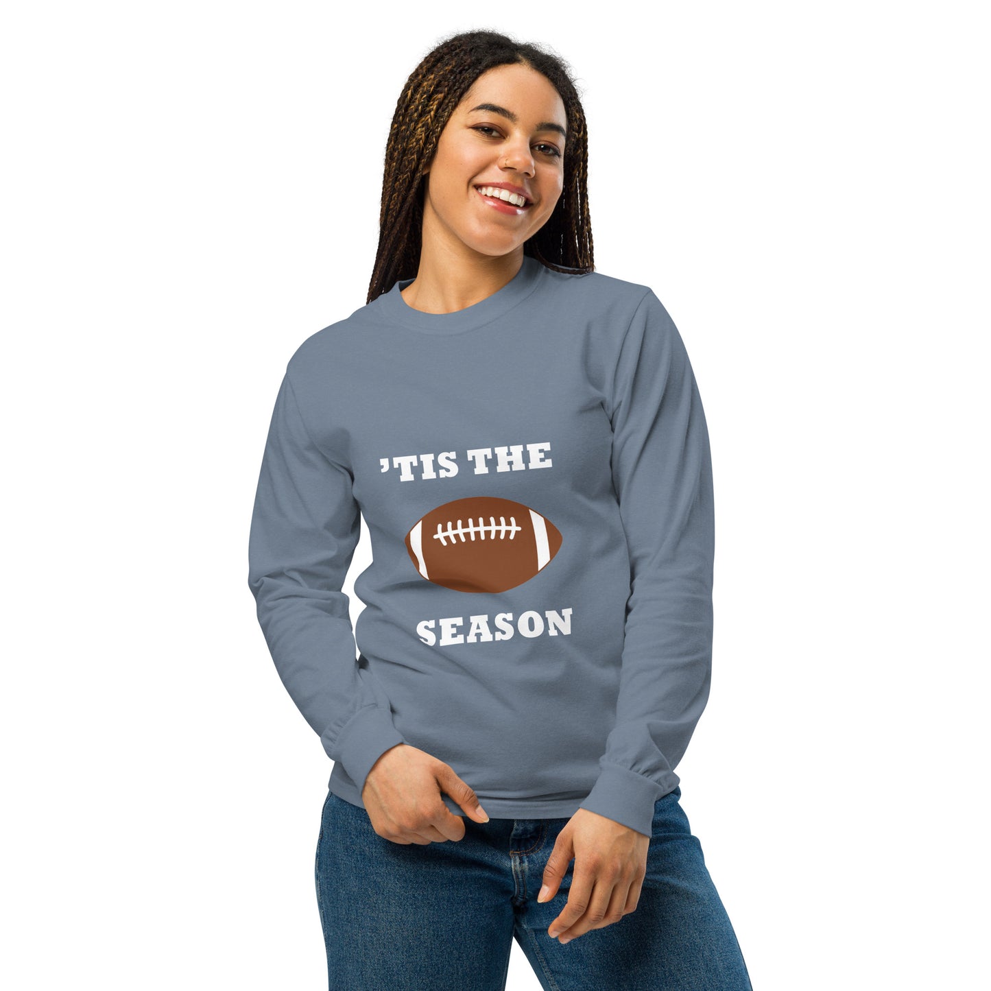 Light blue long-sleeve shirt with football graphic and 'TIS THE SEASON