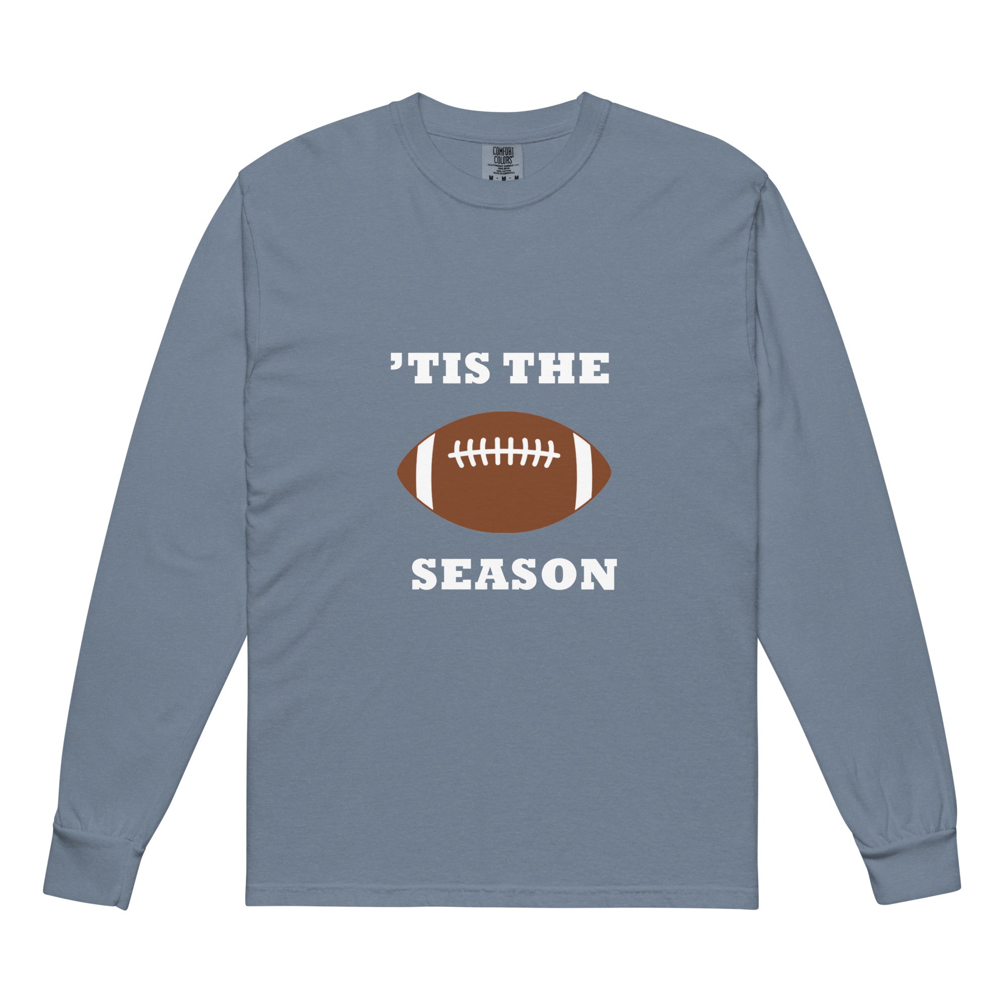 Navy blue  long-sleeve shirt with football graphic and 'TIS THE SEASON
