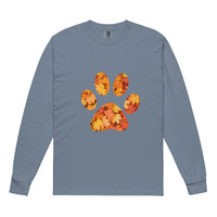 Light blue long-sleeve shirt with autumn leaves paw print design