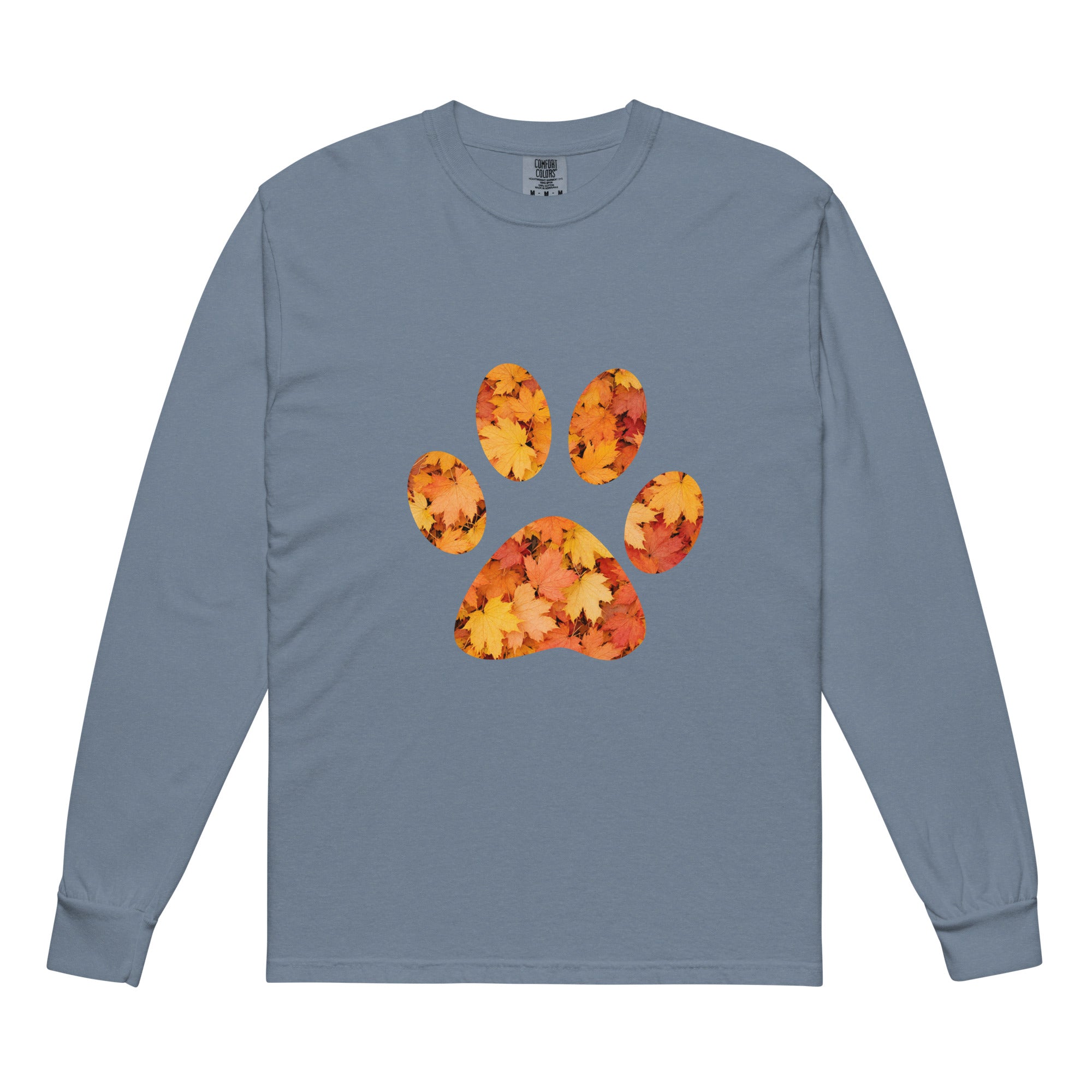 Light blue long-sleeve shirt with autumn leaves paw print design