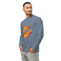 Light blue long-sleeve shirt with autumn leaves paw print design
