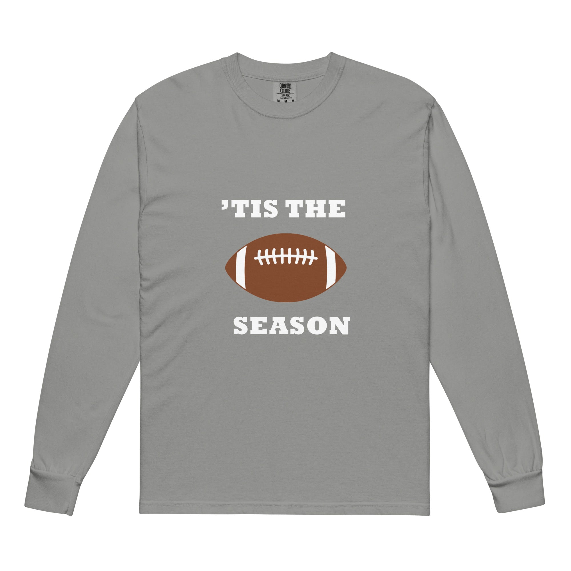 Gray long-sleeve shirt with football graphic and 'TIS THE SEASON