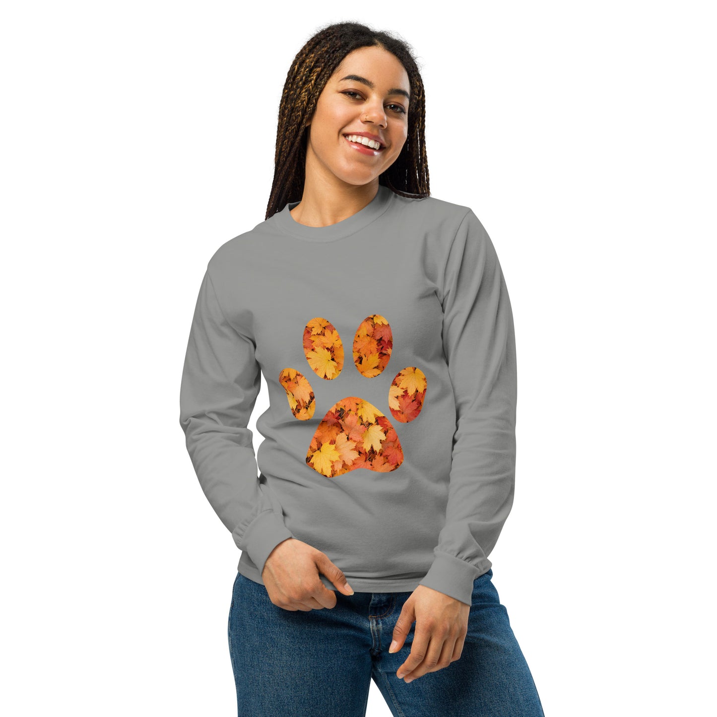 Gray long-sleeve shirt with autumn leaves paw print design