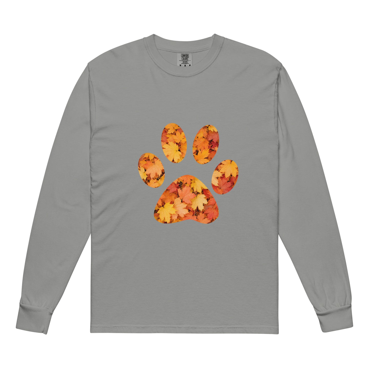 Gray long-sleeve shirt with autumn leaves paw print design