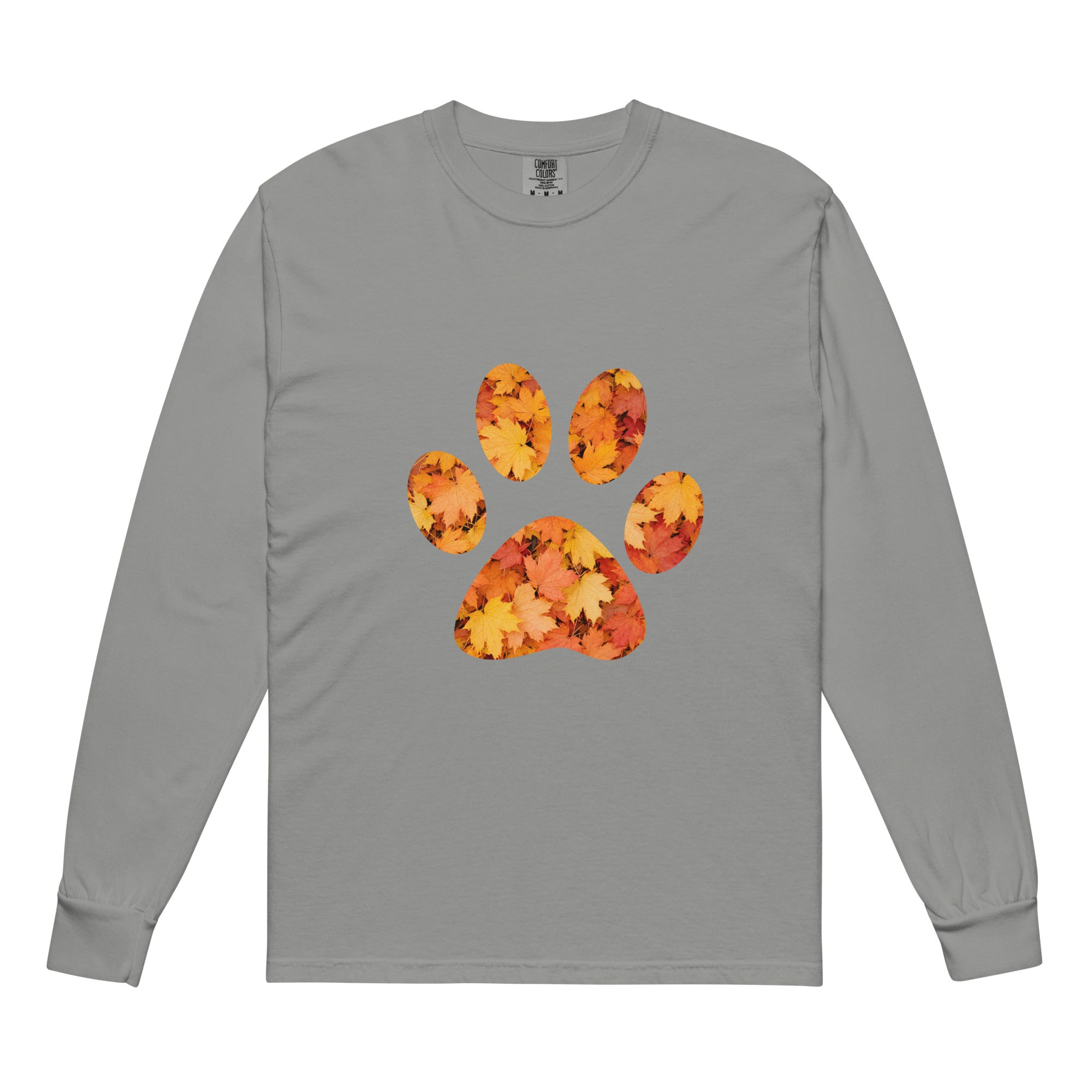 Gray long-sleeve shirt with autumn leaves paw print design