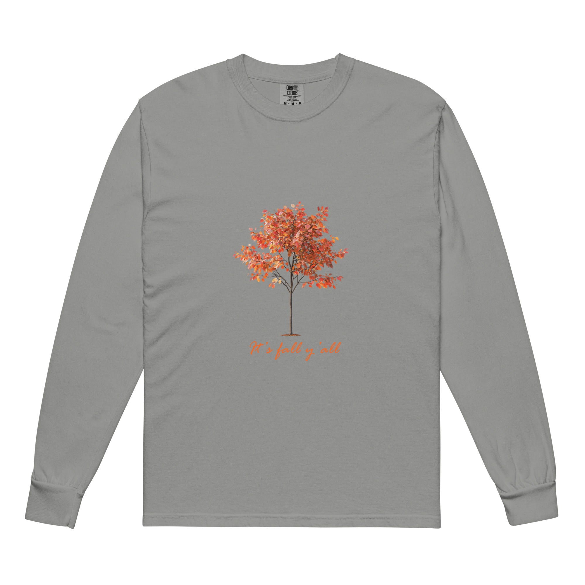 Gray long-sleeve shirt with a tree graphic and"It's fall, y'all"