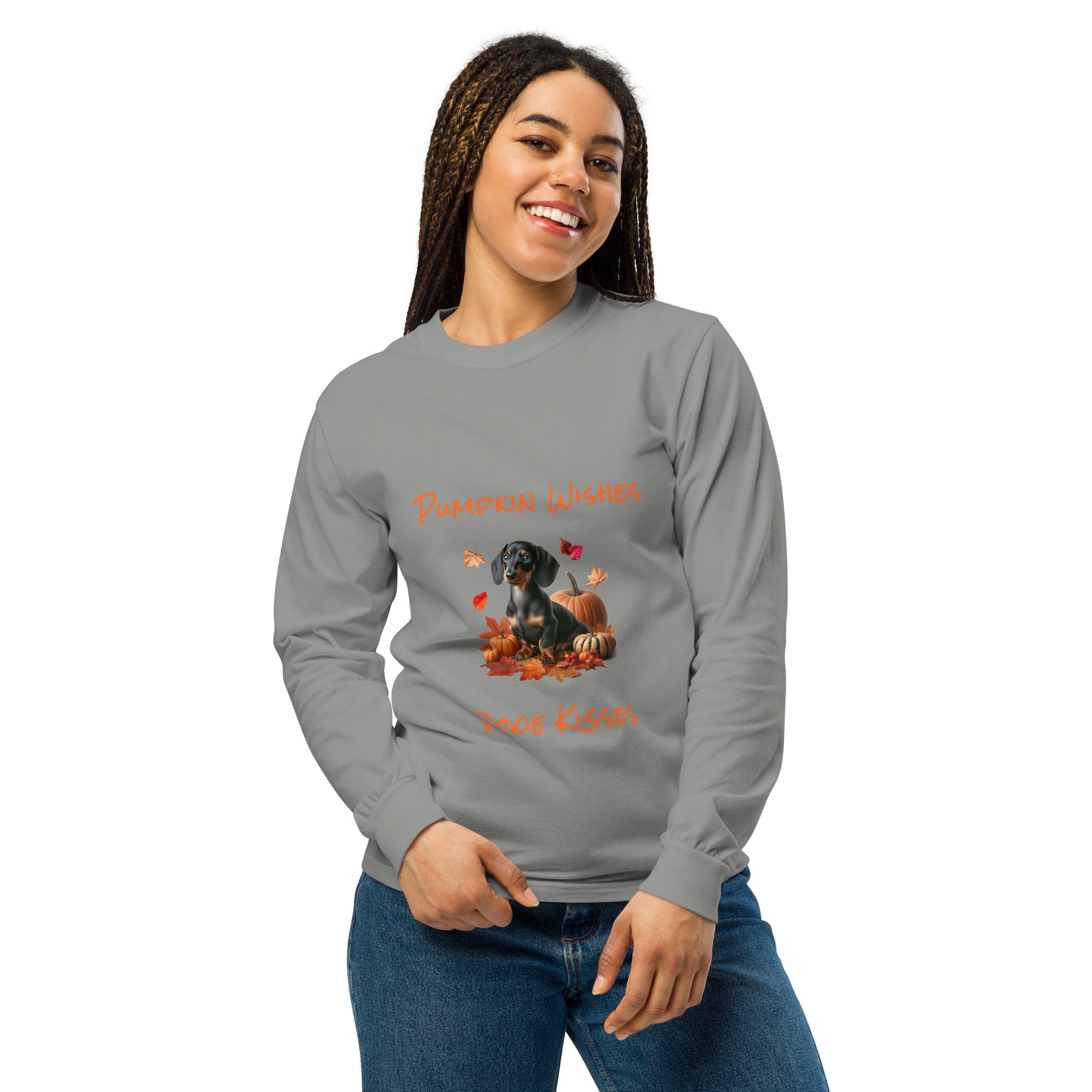 Gray long sleeve t-shirt with a dachshund surrounded by autum leaves and pumpins, "Pumpkin Wishes Doxie Kisses"
