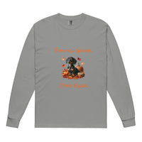 Gray long sleeve t-shirt with a dachshund surrounded by autum leaves and pumpins, "Pumpkin Wishes Doxie Kisses"