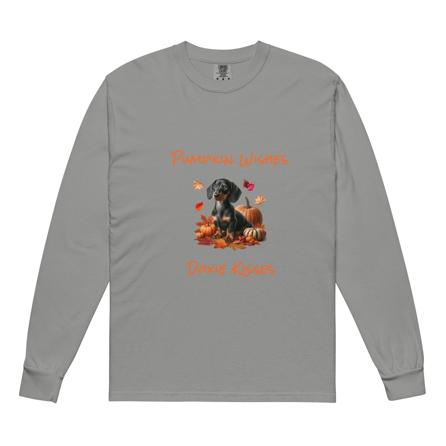 Gray long sleeve t-shirt with a dachshund surrounded by autum leaves and pumpins, "Pumpkin Wishes Doxie Kisses"