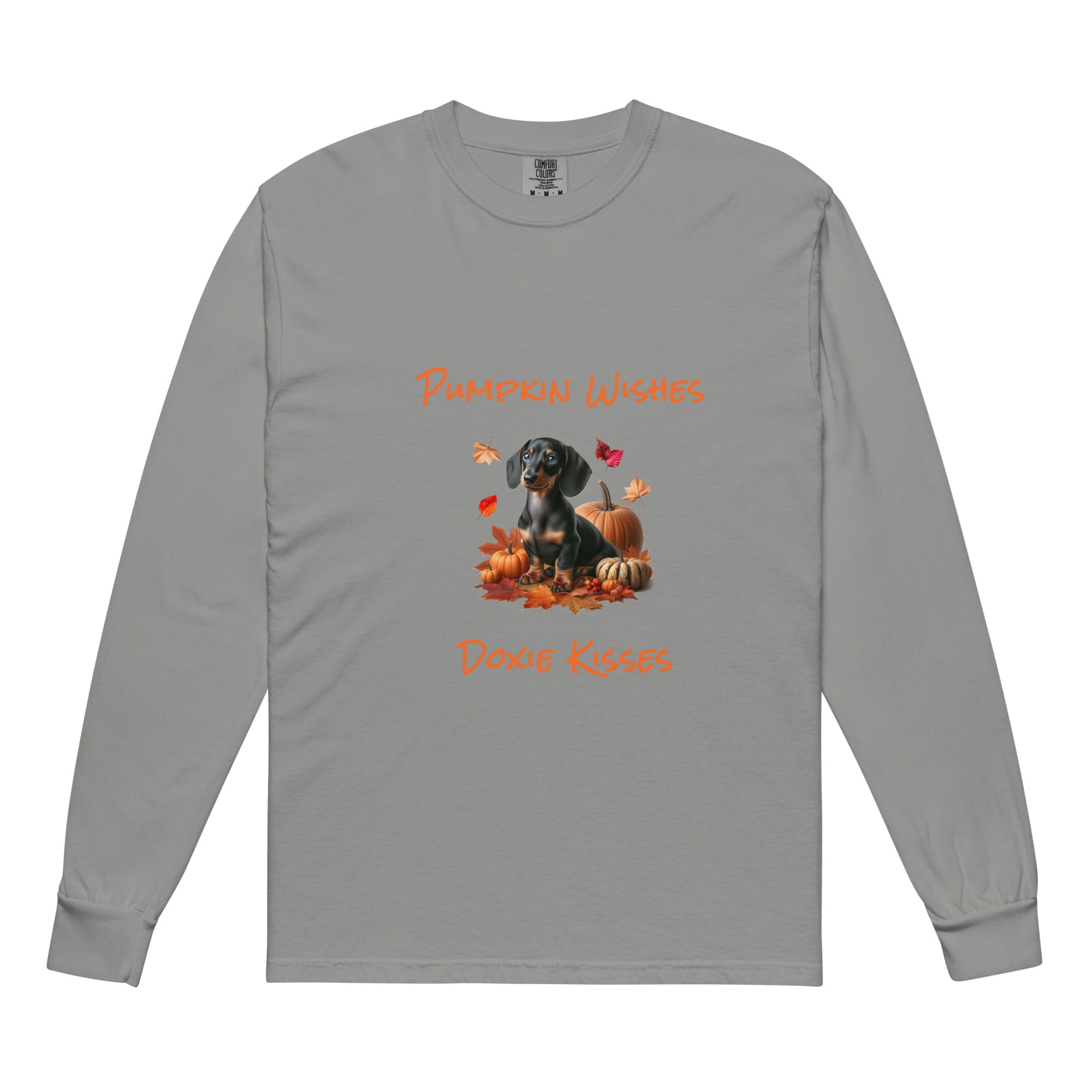 Gray long sleeve t-shirt with a dachshund surrounded by autum leaves and pumpins, "Pumpkin Wishes Doxie Kisses"