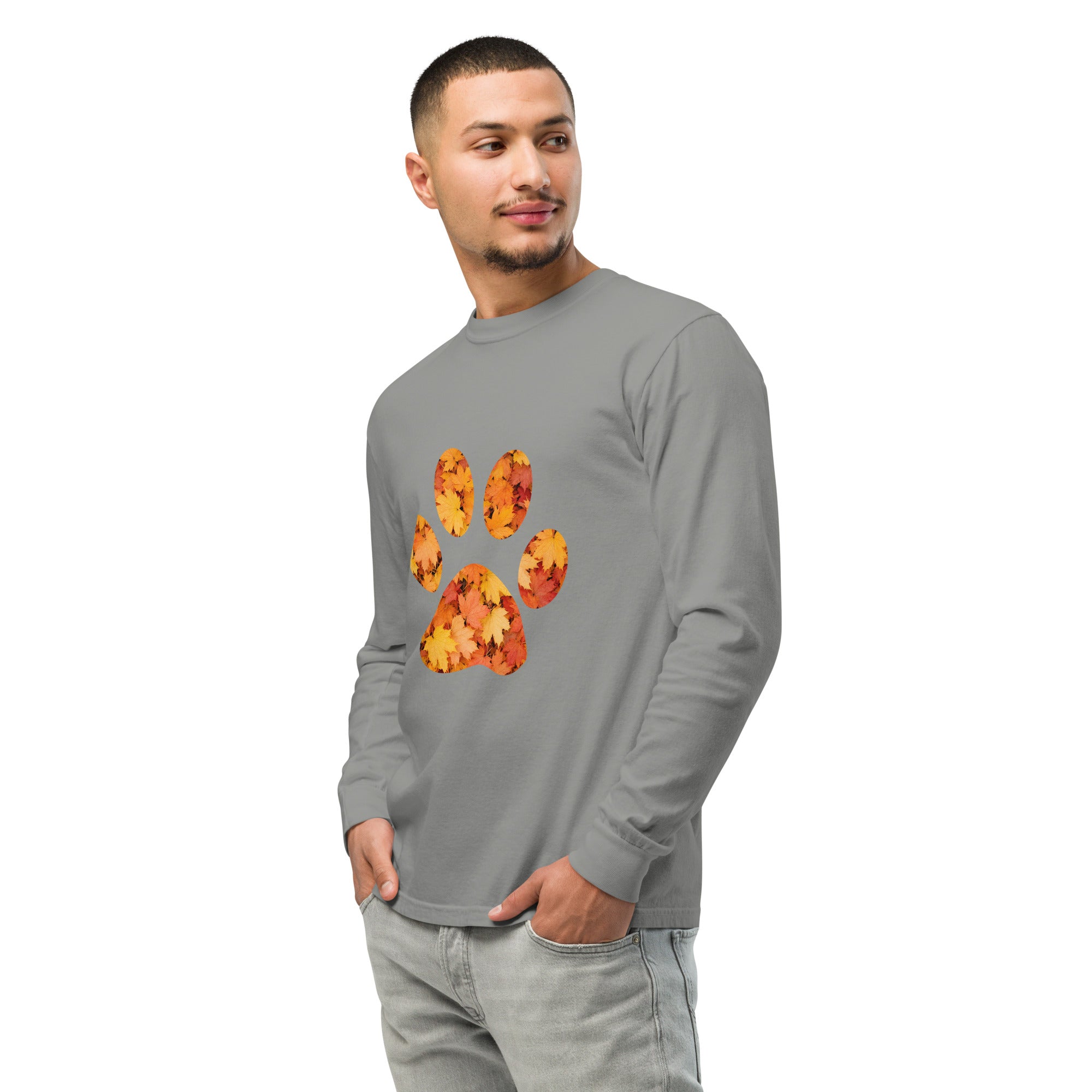 Gray long-sleeve shirt with autumn leaves paw print design