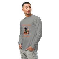 Gray long sleeve t-shirt with a dachshund surrounded by autum leaves and pumpins, "Pumpkin Wishes Doxie Kisses"