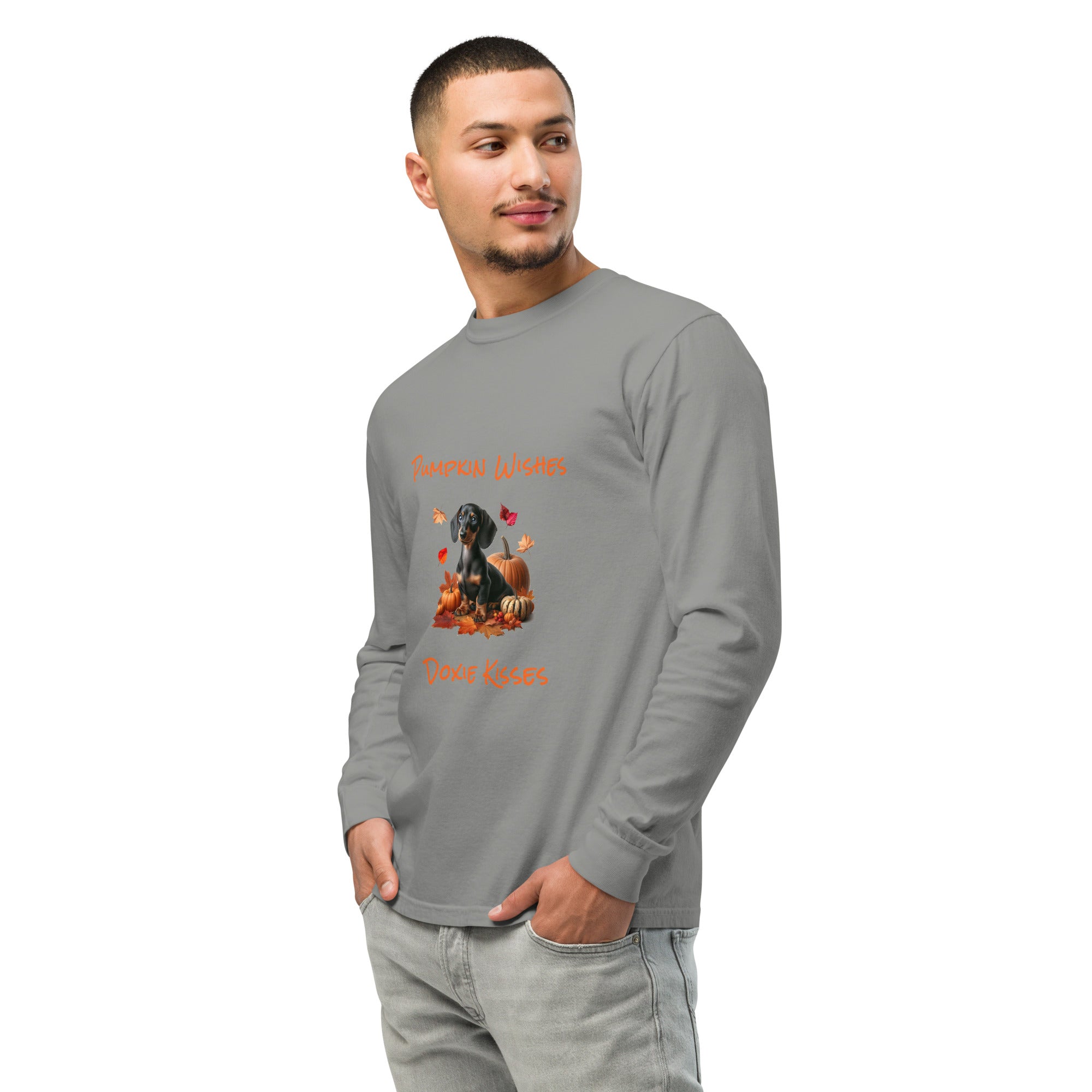 Gray long sleeve t-shirt with a dachshund surrounded by autum leaves and pumpins, "Pumpkin Wishes Doxie Kisses"