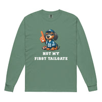 Green long-sleeve shirt with a dachshund graphic and "not my first tailgate" 
