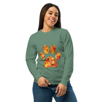 Green long-sleeve shirt with autumn leaves paw print design