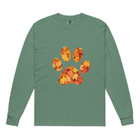 Green long-sleeve shirt with autumn leaves paw print design