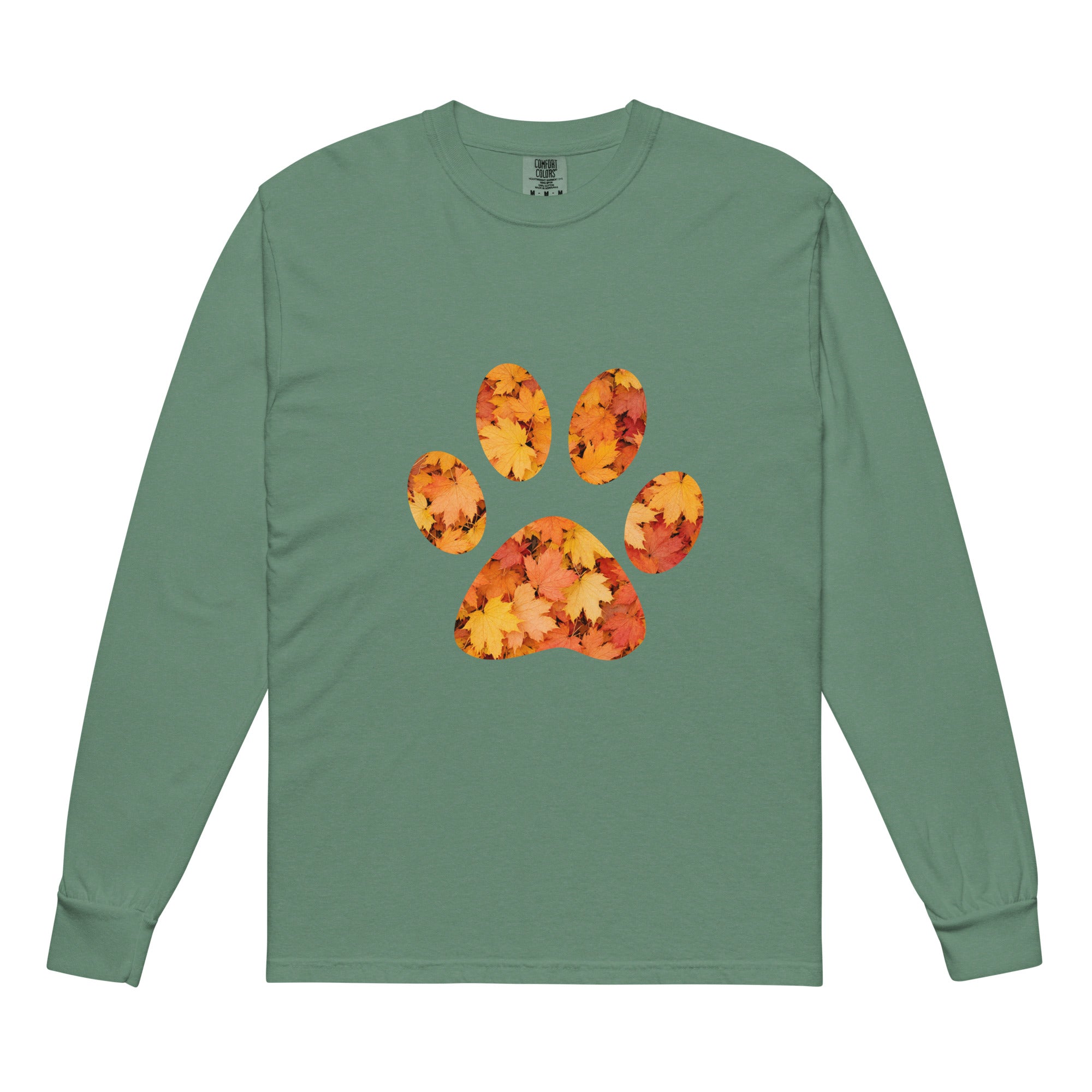 Green long-sleeve shirt with autumn leaves paw print design