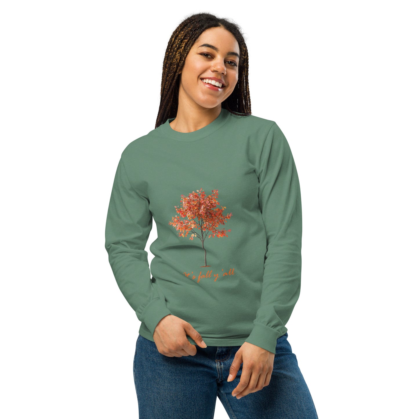 Green long-sleeve shirt with a tree graphic and"It's fall, y'all"