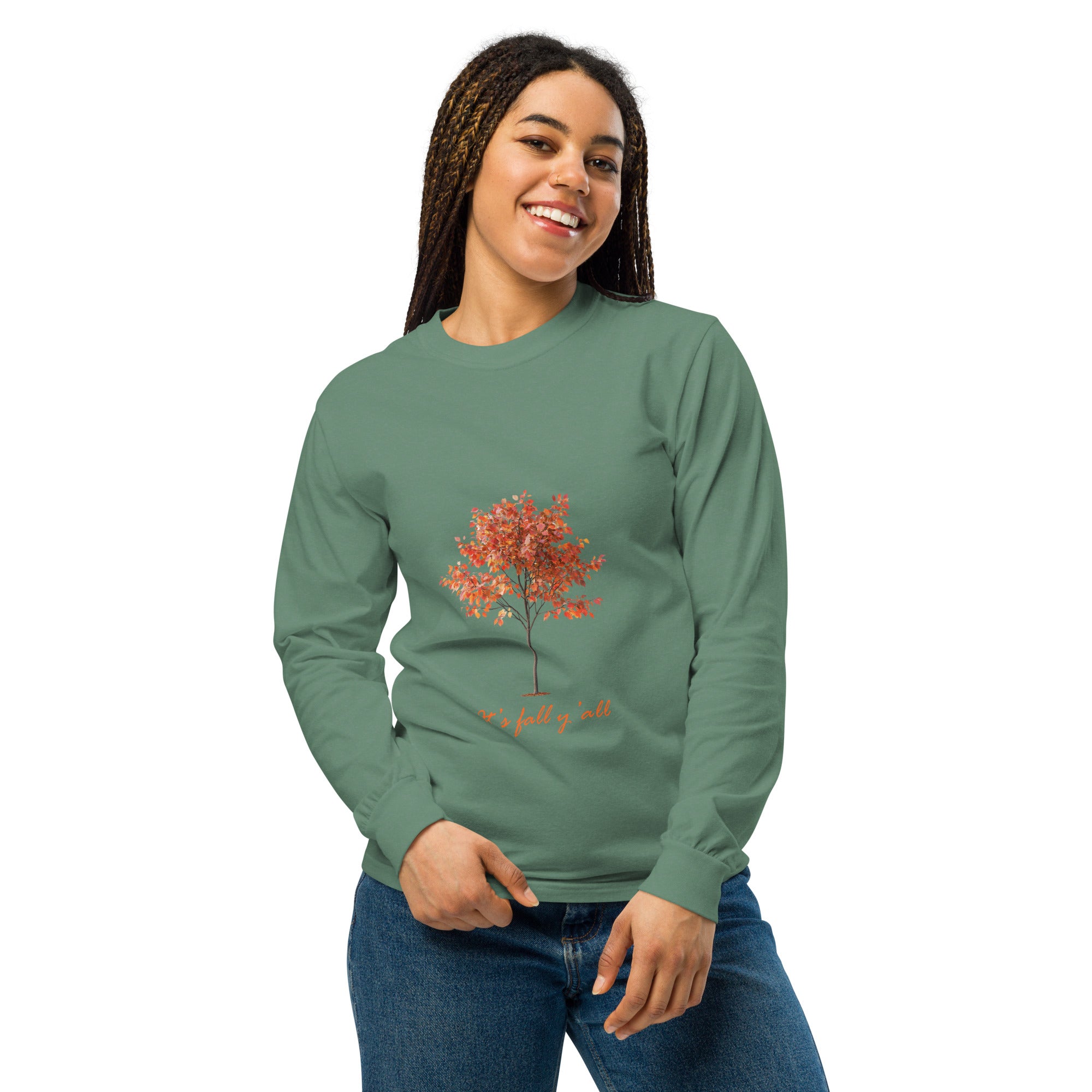 Green long-sleeve shirt with a tree graphic and"It's fall, y'all"