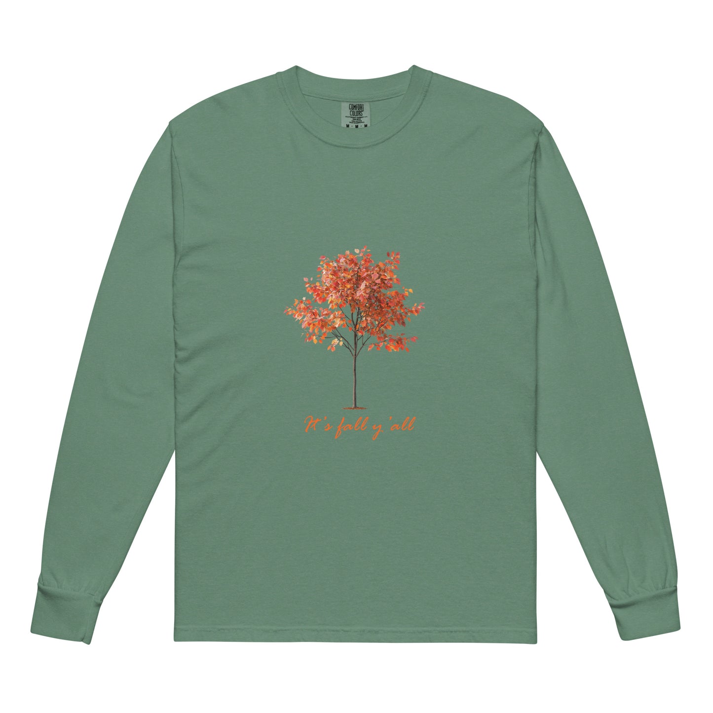 Green long-sleeve shirt with a tree graphic and"It's fall, y'all"