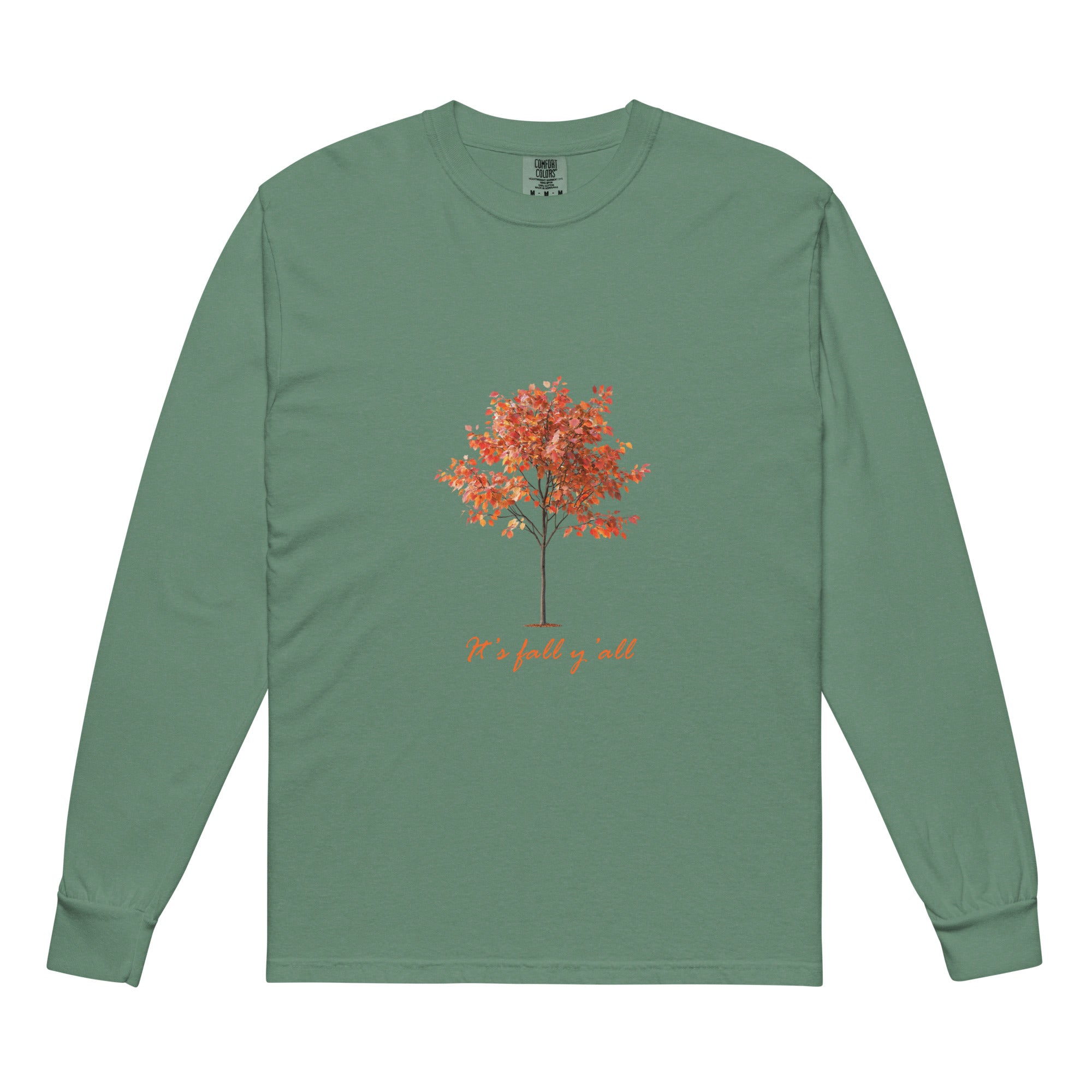 Green long-sleeve shirt with a tree graphic and"It's fall, y'all"