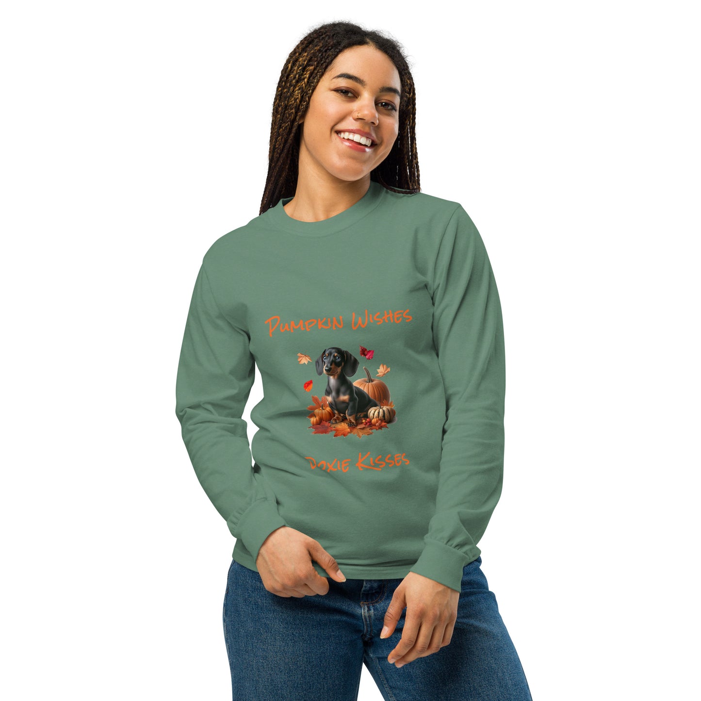 Green long sleeve t-shirt with a dachshund surrounded by autum leaves and pumpins, "Pumpkin Wishes Doxie Kisses"