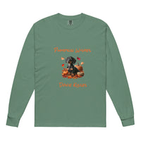 Green long sleeve t-shirt with a dachshund surrounded by autum leaves and pumpins, "Pumpkin Wishes Doxie Kisses"