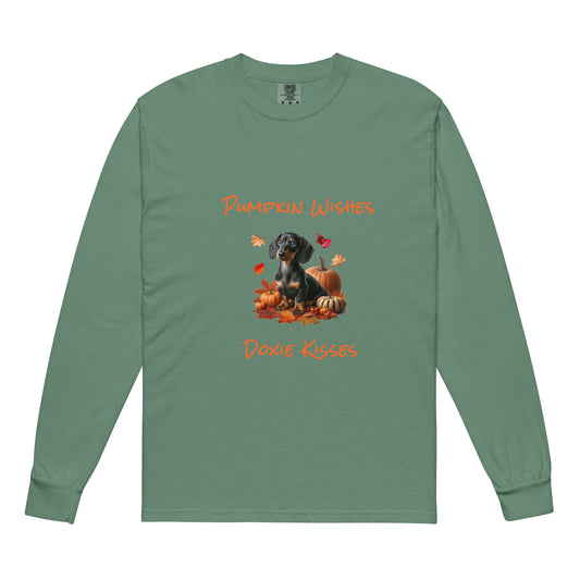 Green long sleeve t-shirt with a dachshund surrounded by autum leaves and pumpins, "Pumpkin Wishes Doxie Kisses"