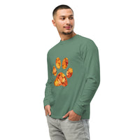 Green long-sleeve shirt with autumn leaves paw print design