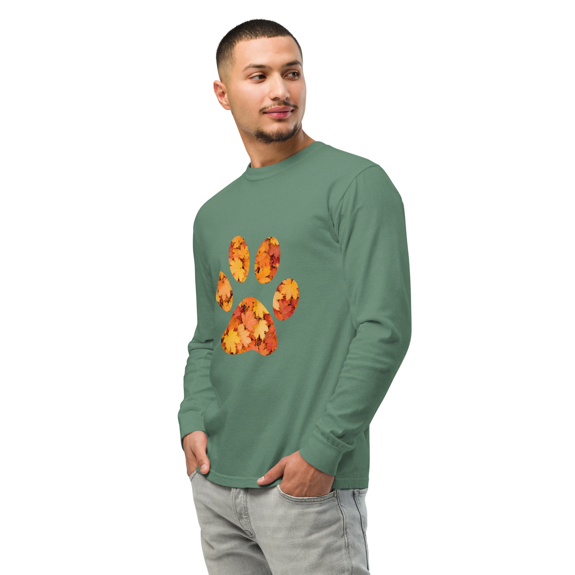 Green long-sleeve shirt with autumn leaves paw print design