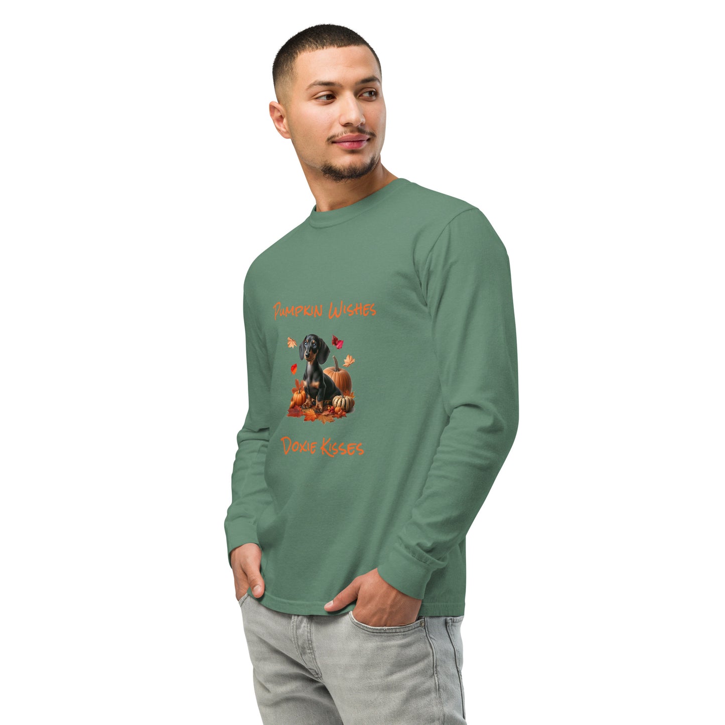 Green long sleeve t-shirt with a dachshund surrounded by autum leaves and pumpins, "Pumpkin Wishes Doxie Kisses"