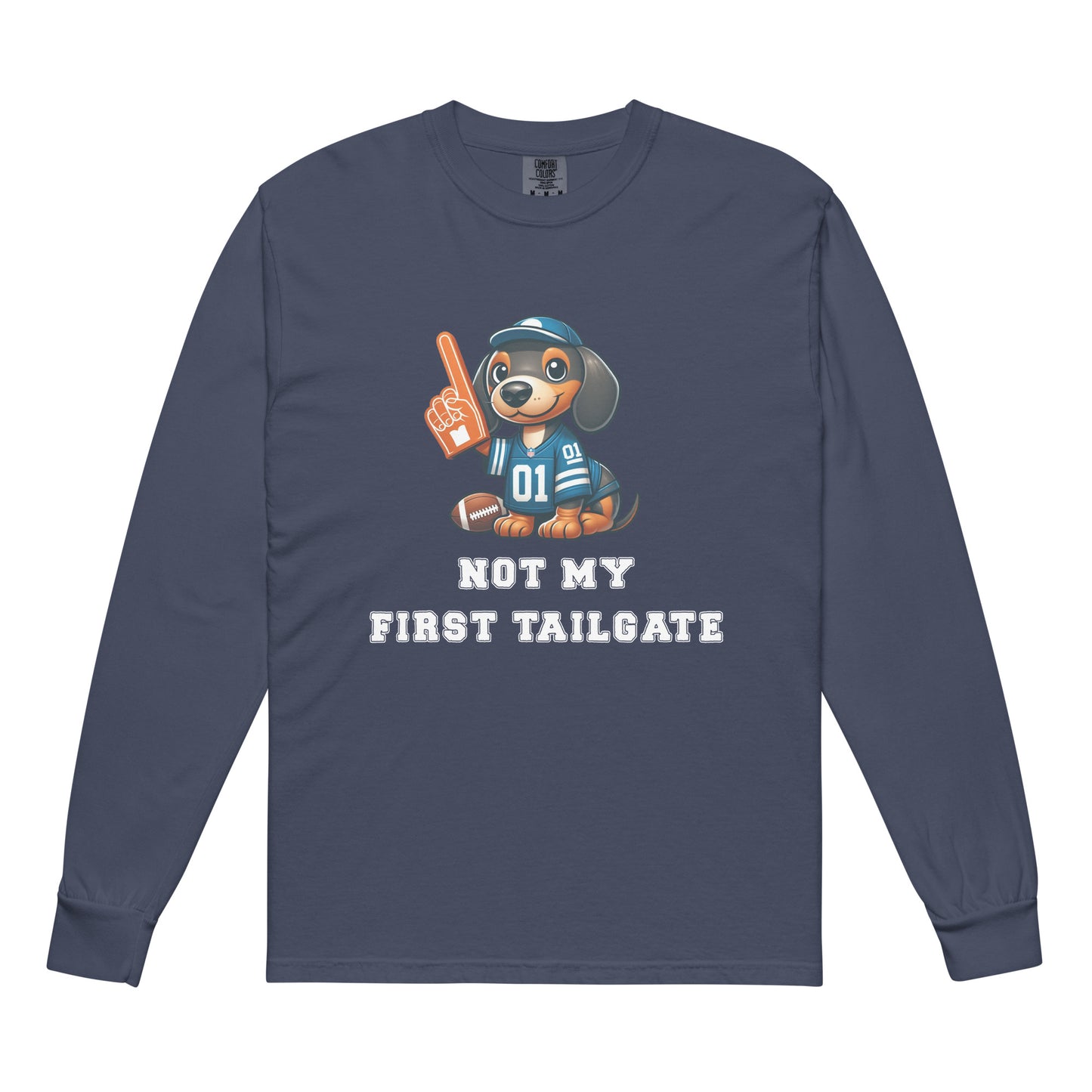 Navy long-sleeve shirt with a dachshund graphic and "not my first tailgate" 