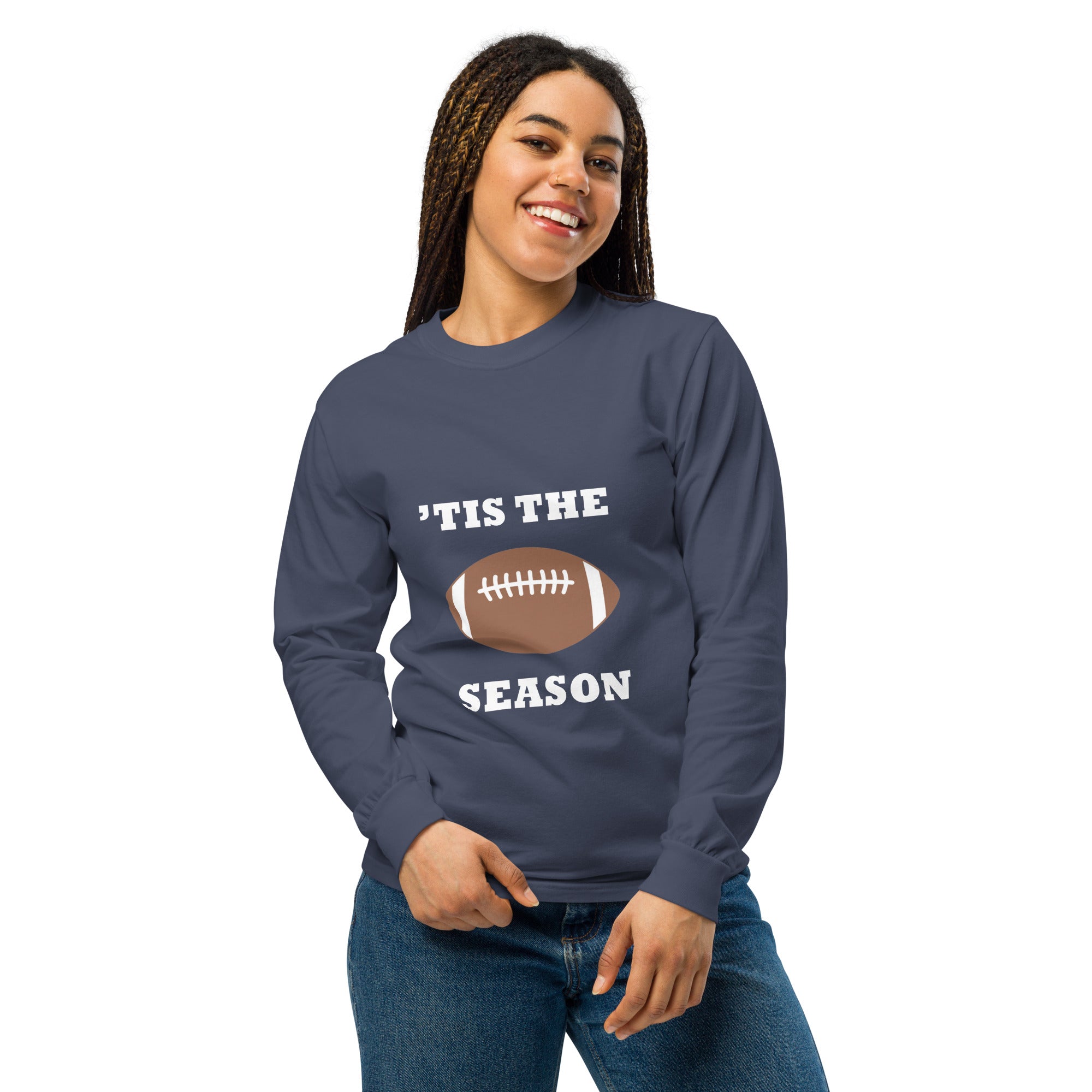 Navy blue long-sleeve shirt with football graphic and 'TIS THE SEASON