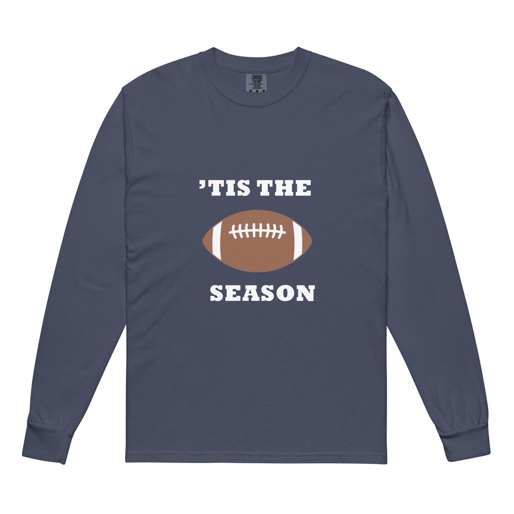 Navy blue  long-sleeve shirt with football graphic and 'TIS THE SEASON