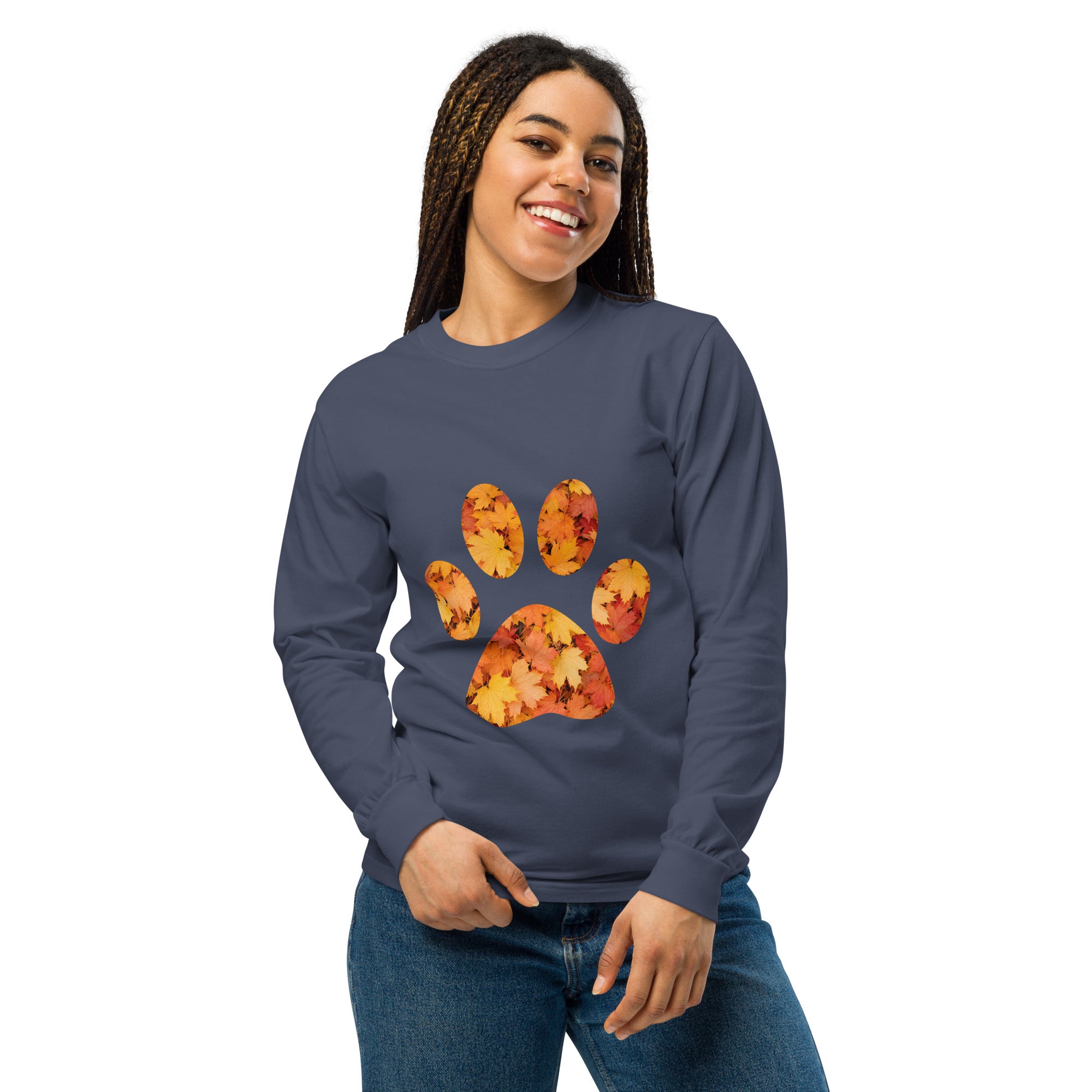Navy Blue long-sleeve shirt with autumn leaves paw print design
