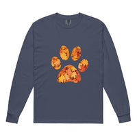 Navy Blue long-sleeve shirt with autumn leaves paw print design