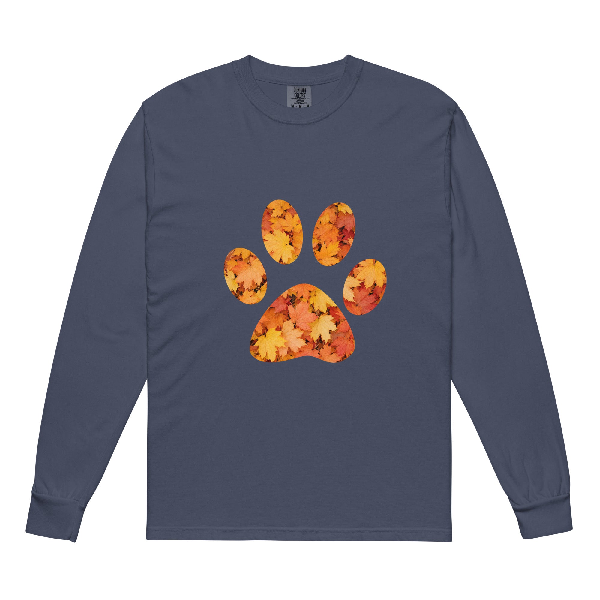 Navy Blue long-sleeve shirt with autumn leaves paw print design