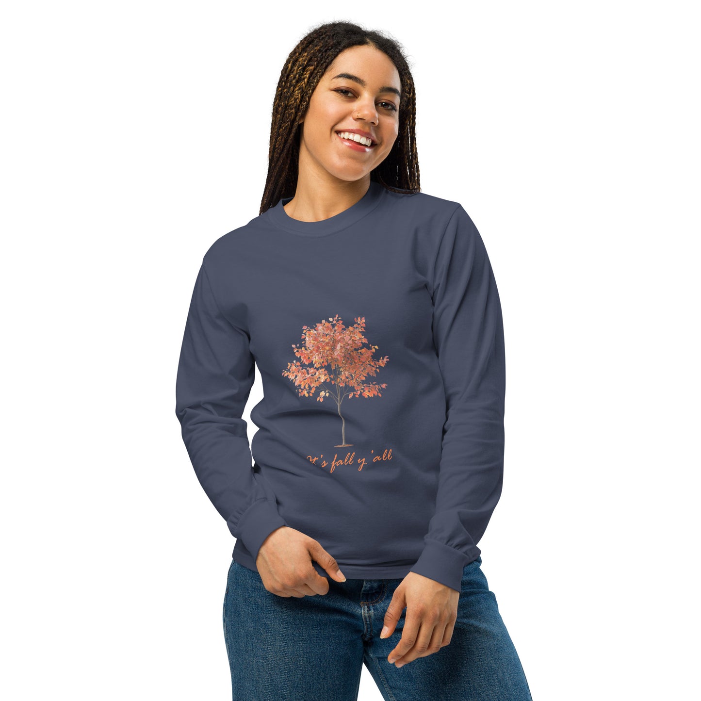 Navy Blue long-sleeve shirt with a tree graphic and"It's fall, y'all"