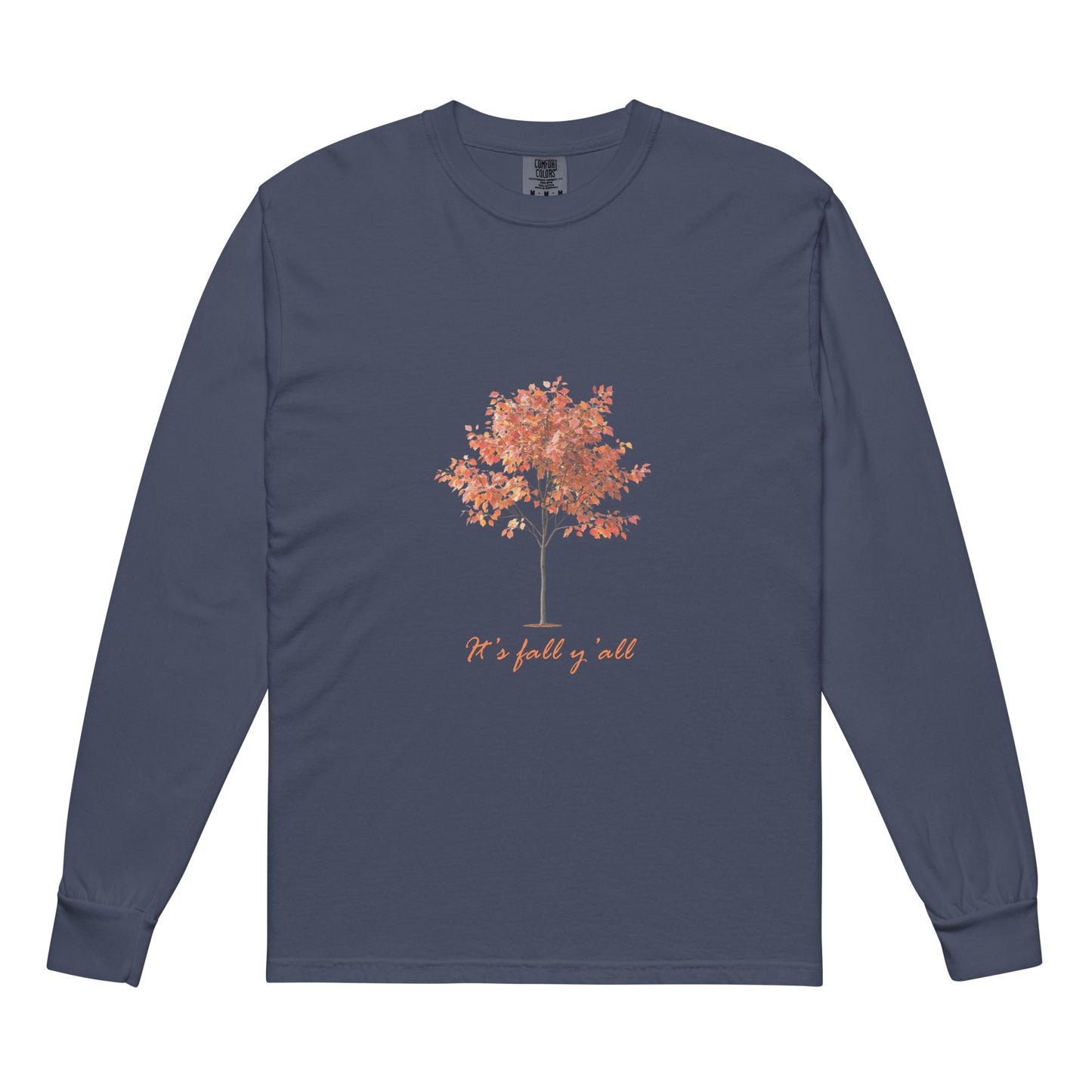 Navy Blue long-sleeve shirt with a tree graphic and"It's fall, y'all"