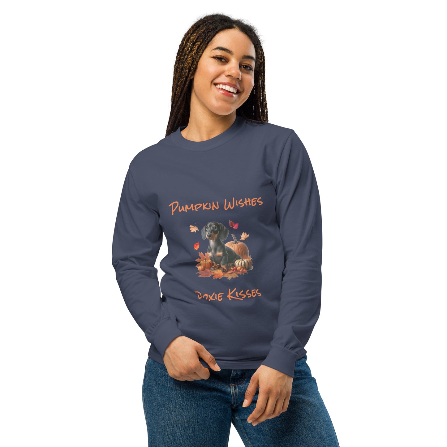 Navy Blue long sleeve t-shirt with a dachshund surrounded by autum leaves and pumpins, "Pumpkin Wishes Doxie Kisses"