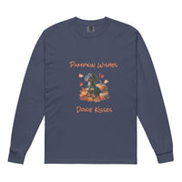 Navy Blue long sleeve t-shirt with a dachshund surrounded by autum leaves and pumpins, "Pumpkin Wishes Doxie Kisses"
