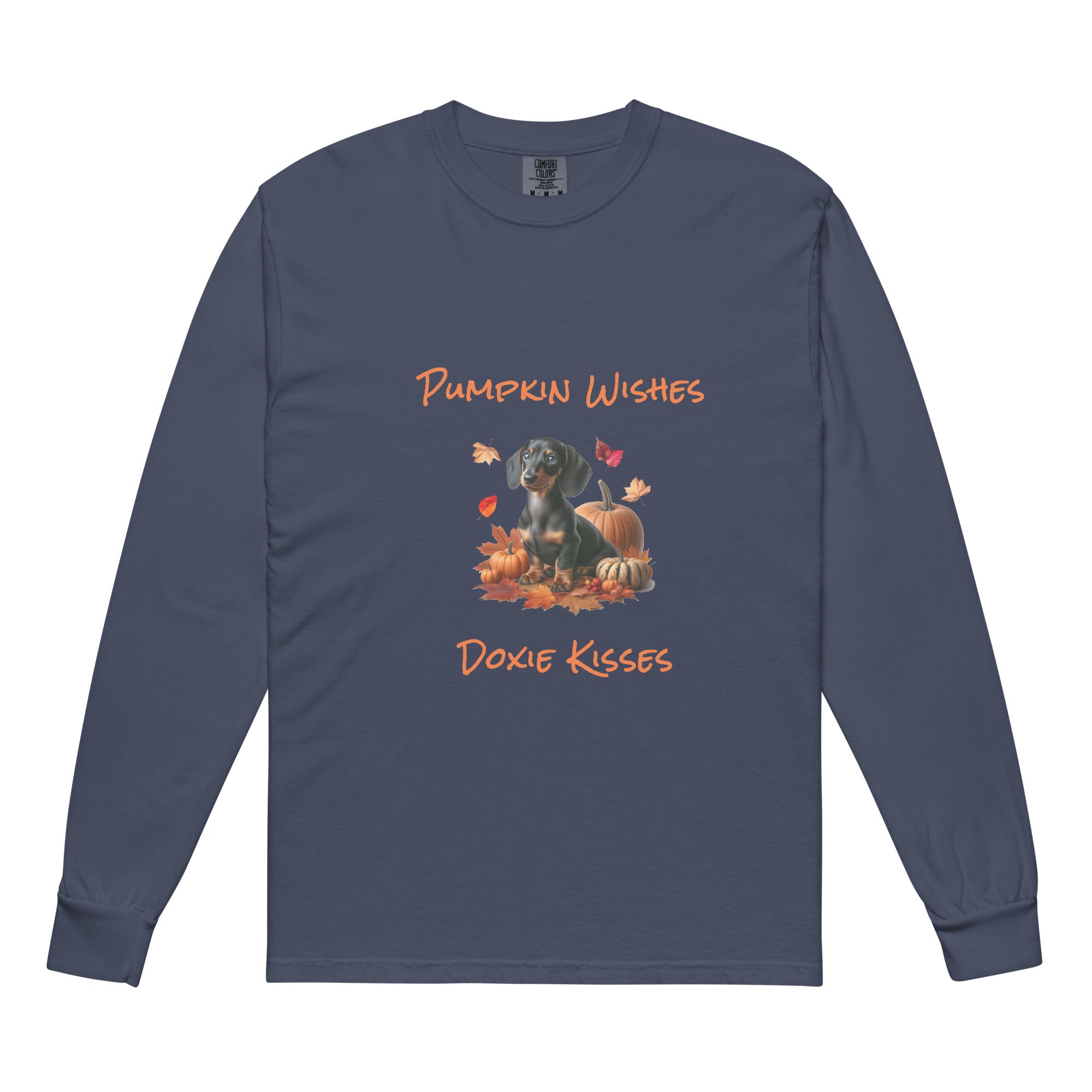 Navy Blue long sleeve t-shirt with a dachshund surrounded by autum leaves and pumpins, "Pumpkin Wishes Doxie Kisses"