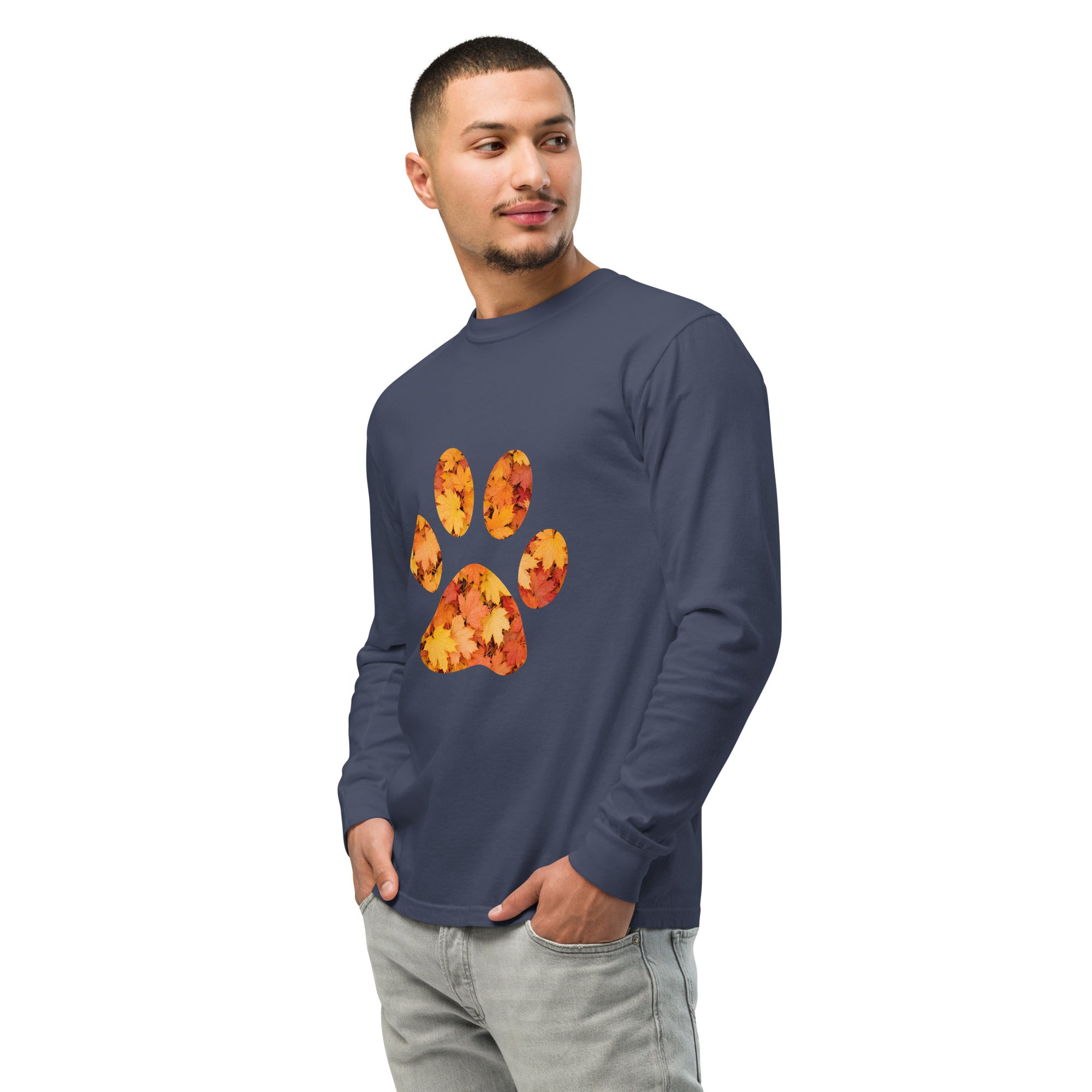 Navy Blue long-sleeve shirt with autumn leaves paw print design