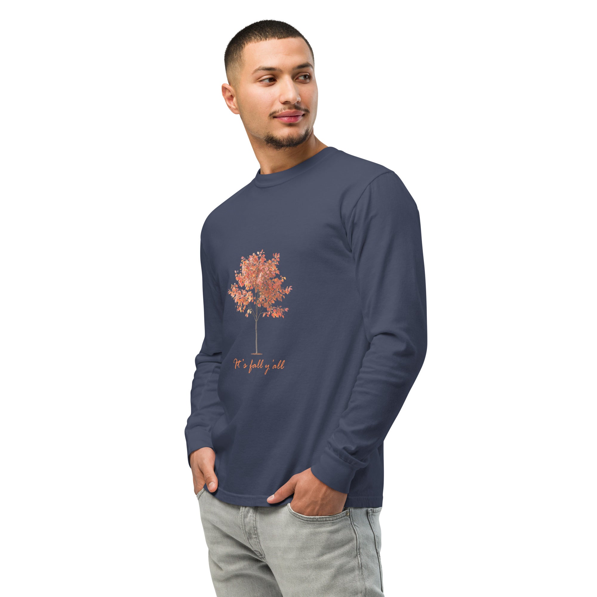 Navy Blue long-sleeve shirt with a tree graphic and"It's fall, y'all"