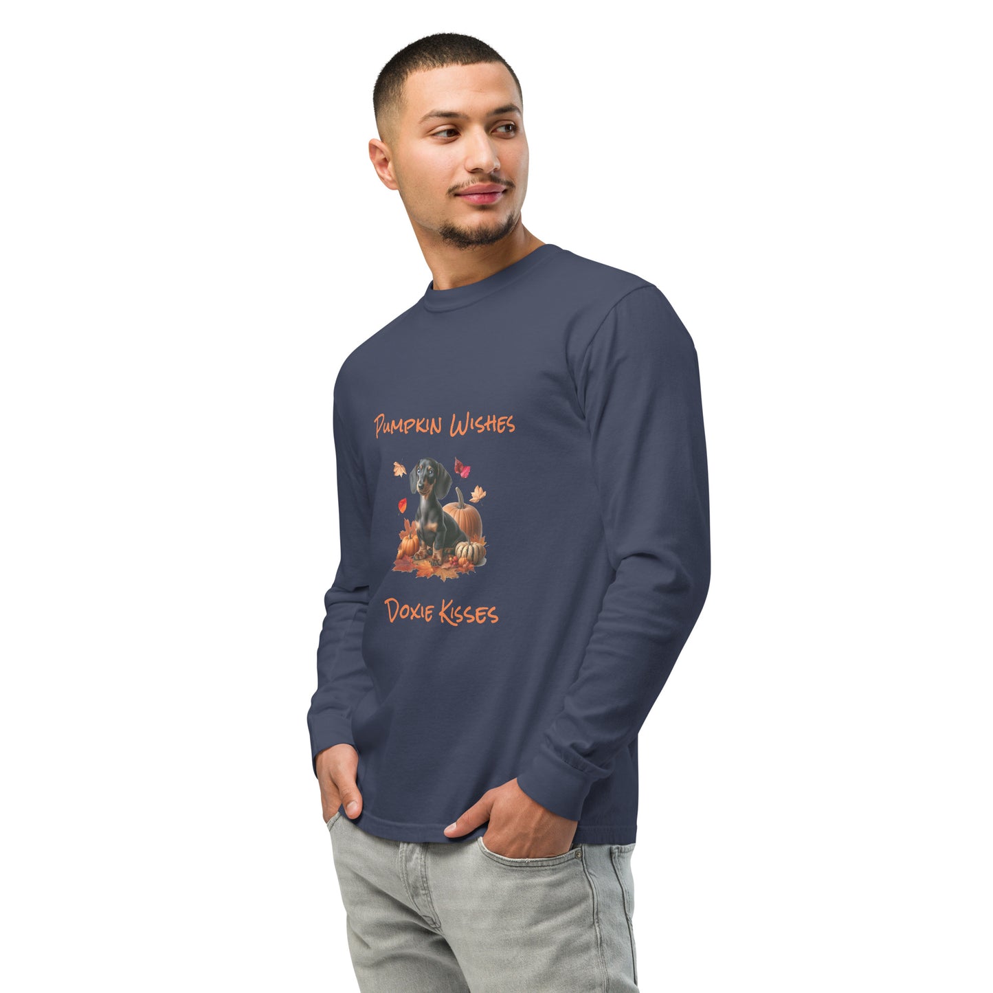 Navy Blue long sleeve t-shirt with a dachshund surrounded by autum leaves and pumpins, "Pumpkin Wishes Doxie Kisses"
