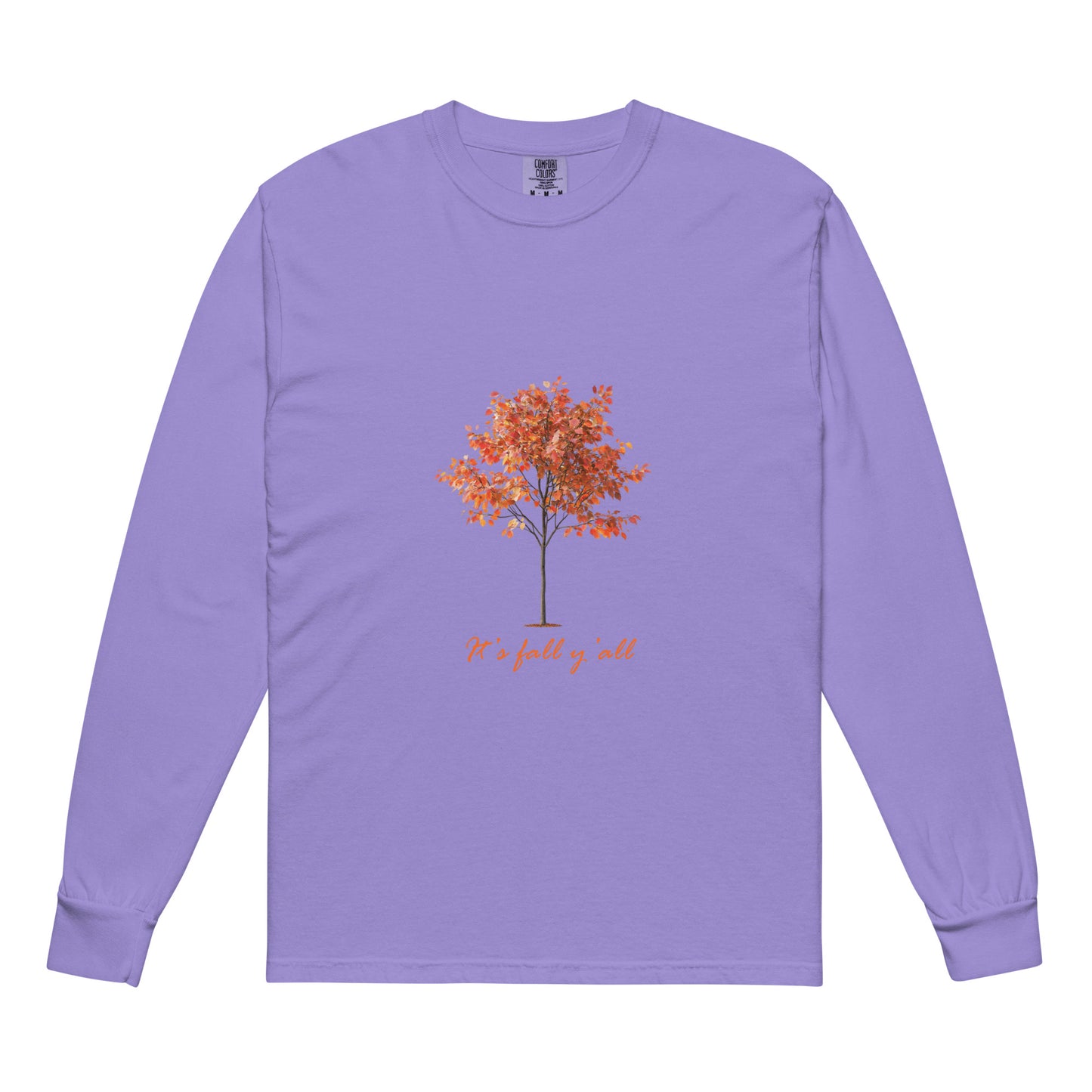Purple long-sleeve shirt with a tree graphic and"It's fall, y'all"