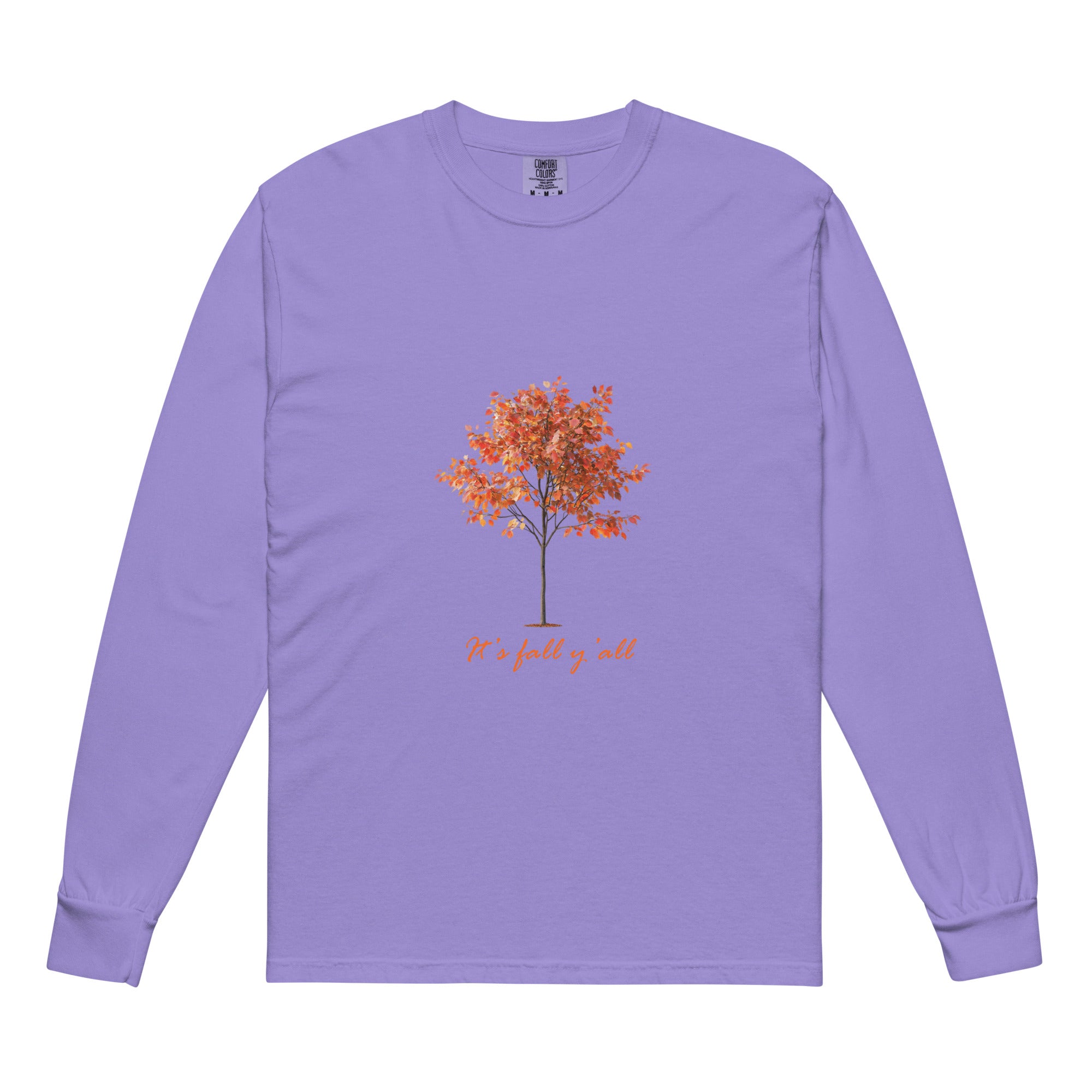 Purple long-sleeve shirt with a tree graphic and"It's fall, y'all"