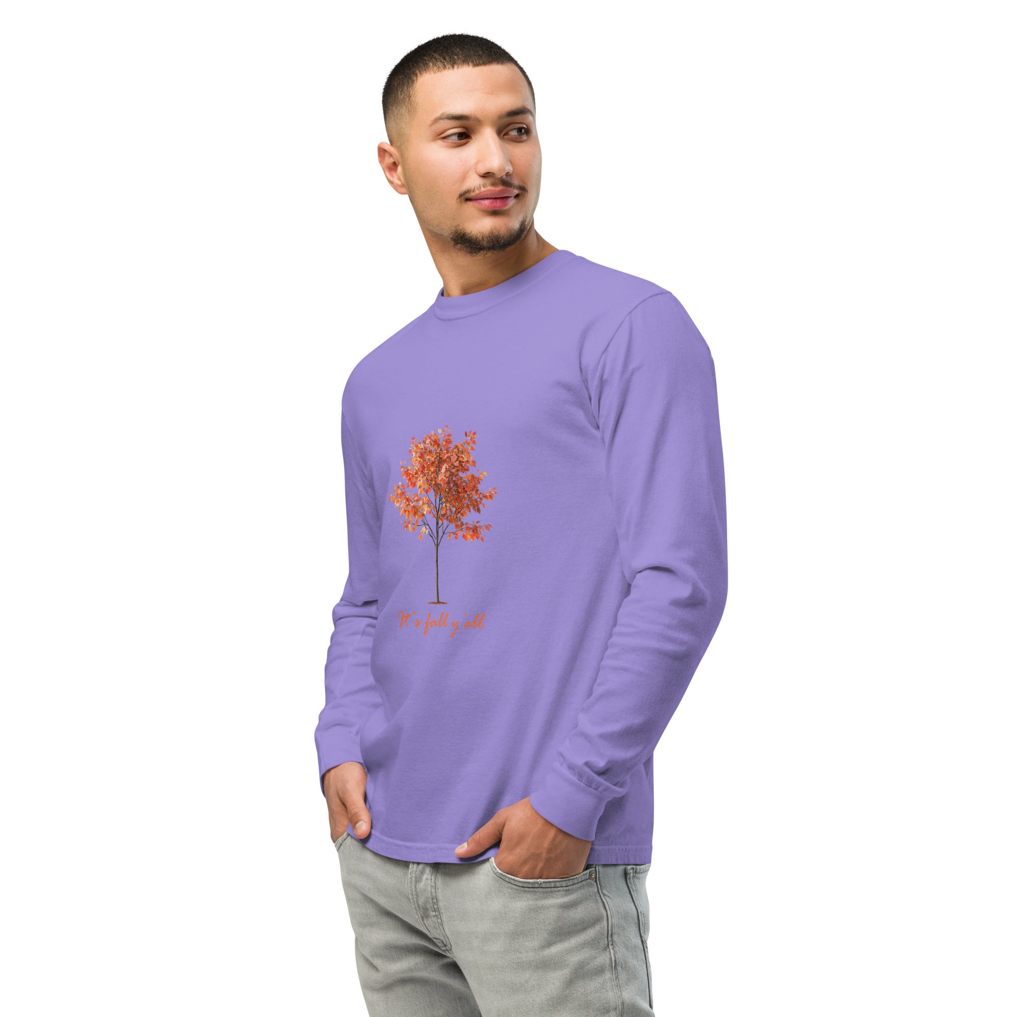Purple long-sleeve shirt with a tree graphic and"It's fall, y'all"